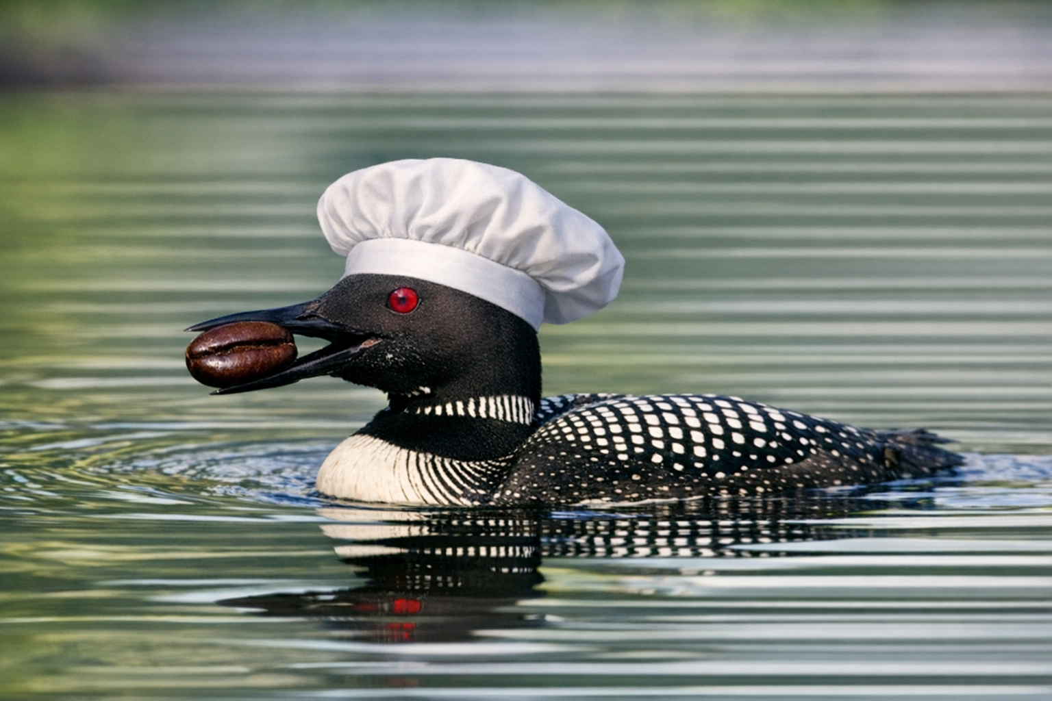 An adult common loon wearing a short, white chef's toque and holding an espresso bean in its beak swims on a lake
